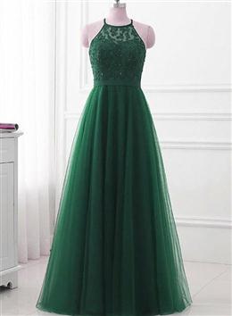 Picture of Dark Green Cross Back Tulle Halter Long Party Dresses, A-line Junior Prom Dresses